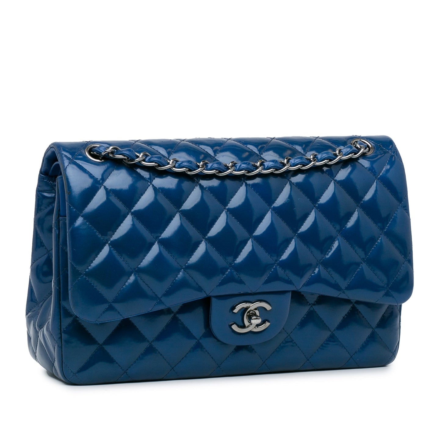 Blue Chanel Jumbo Classic Patent Double Flap Shoulder Bag