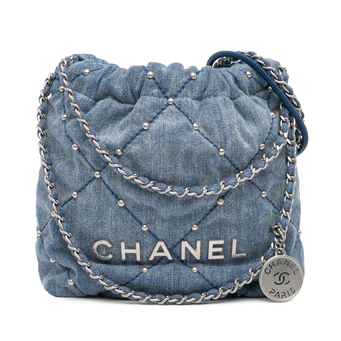 Blue Chanel Mini Denim Studded 22 Handbag Satchel