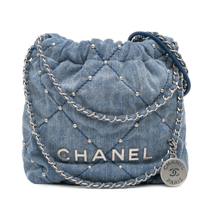 Blue Chanel Mini Denim Studded 22 Handbag Satchel