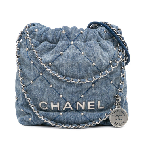 Blue Chanel Mini Denim Studded 22 Handbag Satchel