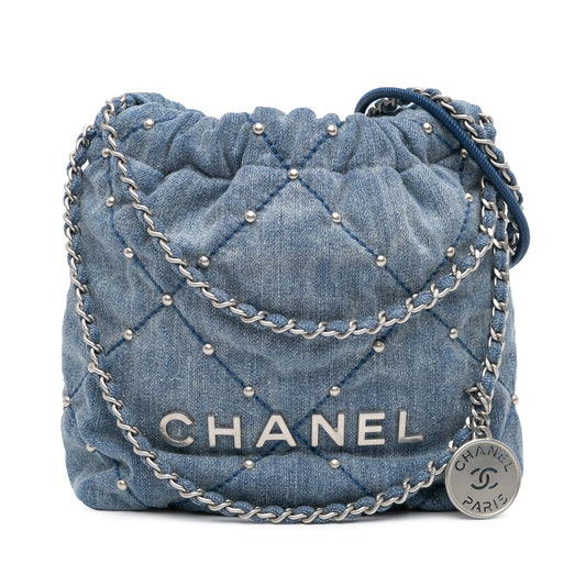 Blue Chanel Mini Denim Studded 22 Handbag Satchel
