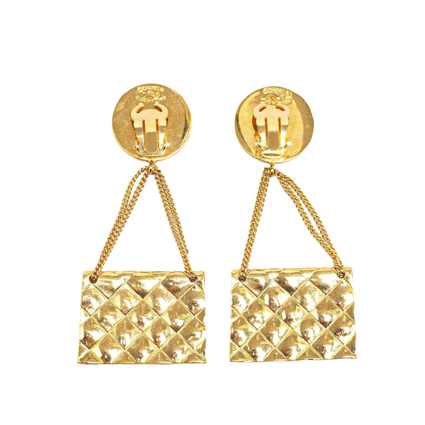 Gold Chanel Gold Plated CC 2.55 Flap Bag Clip On Earrings