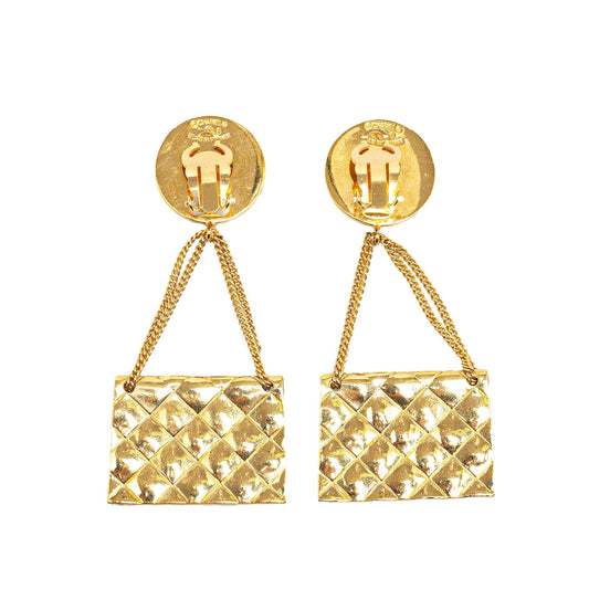Gold Chanel Gold Plated CC 2.55 Flap Bag Clip On Earrings