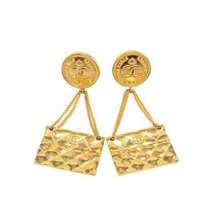 Gold Chanel Gold Plated CC 2.55 Flap Bag Clip On Earrings