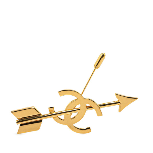 Gold Chanel Gold Plated CC Logo And Arrow Brooch Pin
