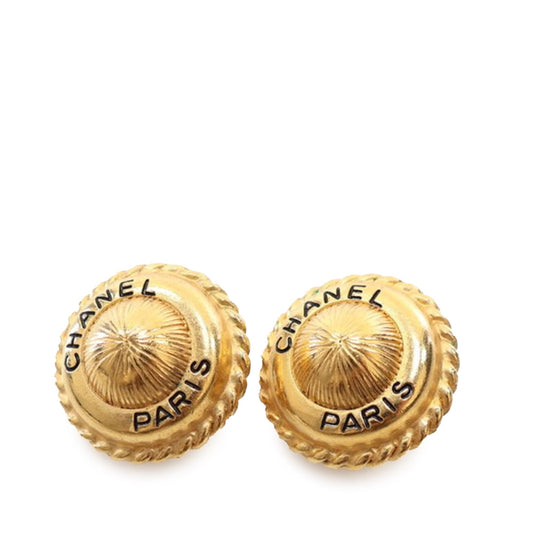 Gold Chanel Gold Plated Logo Round Clip On Earrings