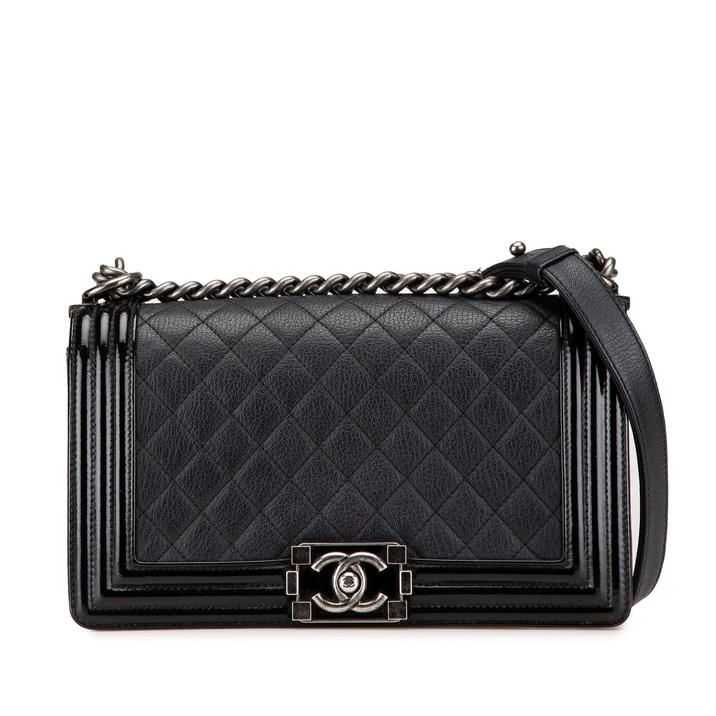 Black Chanel Medium Quilted Goatskin and Patent Boy Flap Crossbody Bag