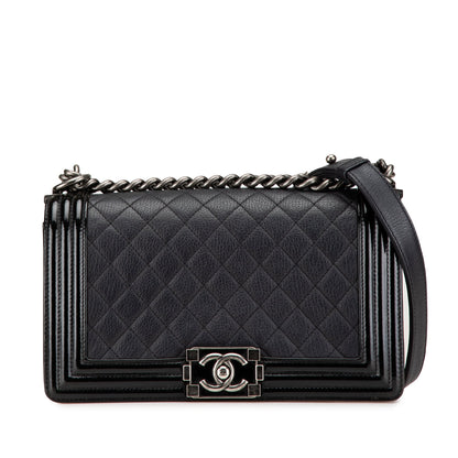 Black Chanel Medium Quilted Goatskin and Patent Boy Flap Crossbody Bag