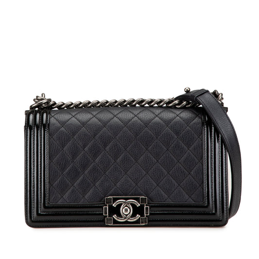 Black Chanel Medium Quilted Goatskin and Patent Boy Flap Crossbody Bag