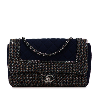 Blue Chanel Jumbo Quilted Jersey and Tweed Chain Flap Shoulder Bag