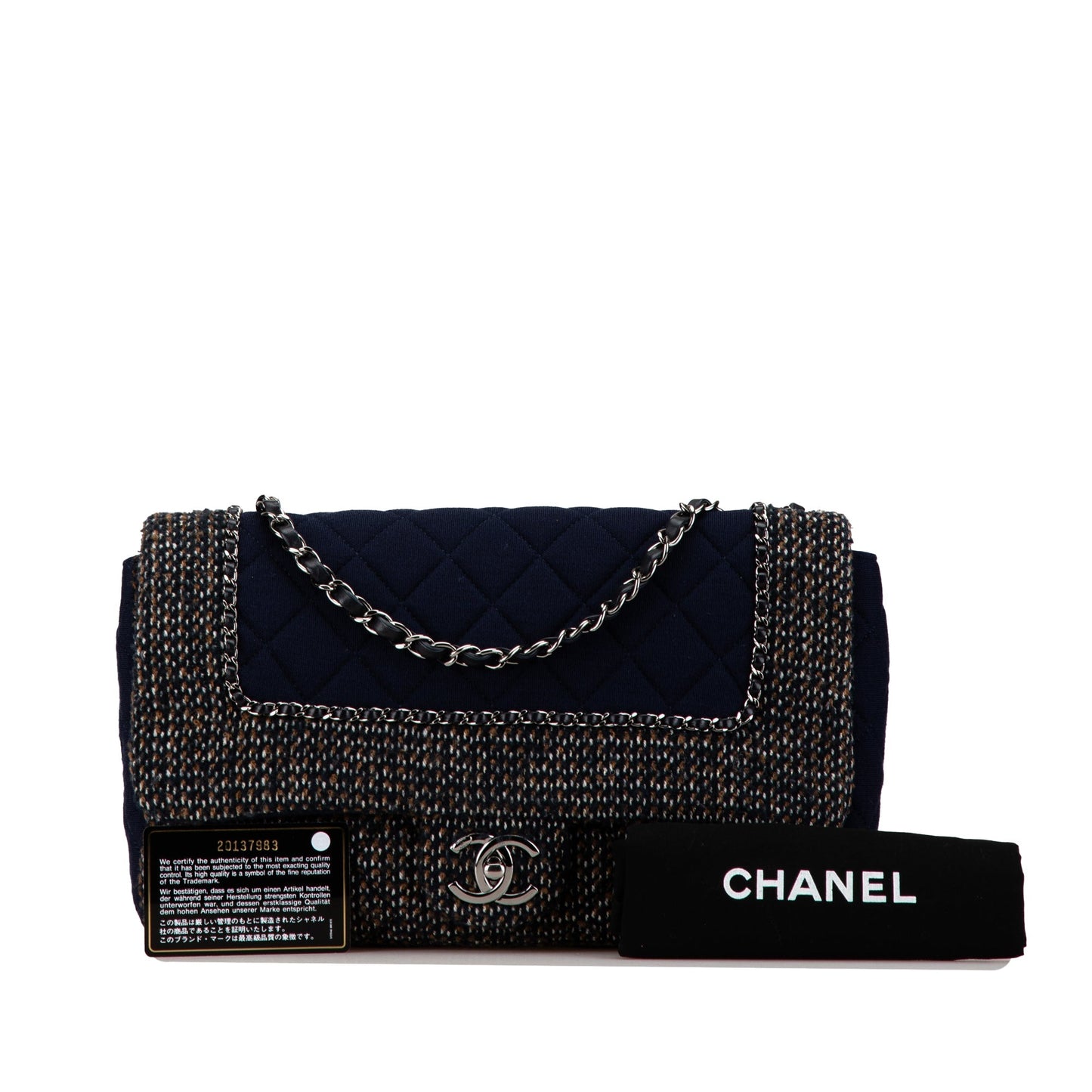 Blue Chanel Jumbo Quilted Jersey and Tweed Chain Flap Shoulder Bag