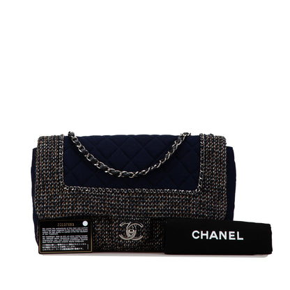 Blue Chanel Jumbo Quilted Jersey and Tweed Chain Flap Shoulder Bag