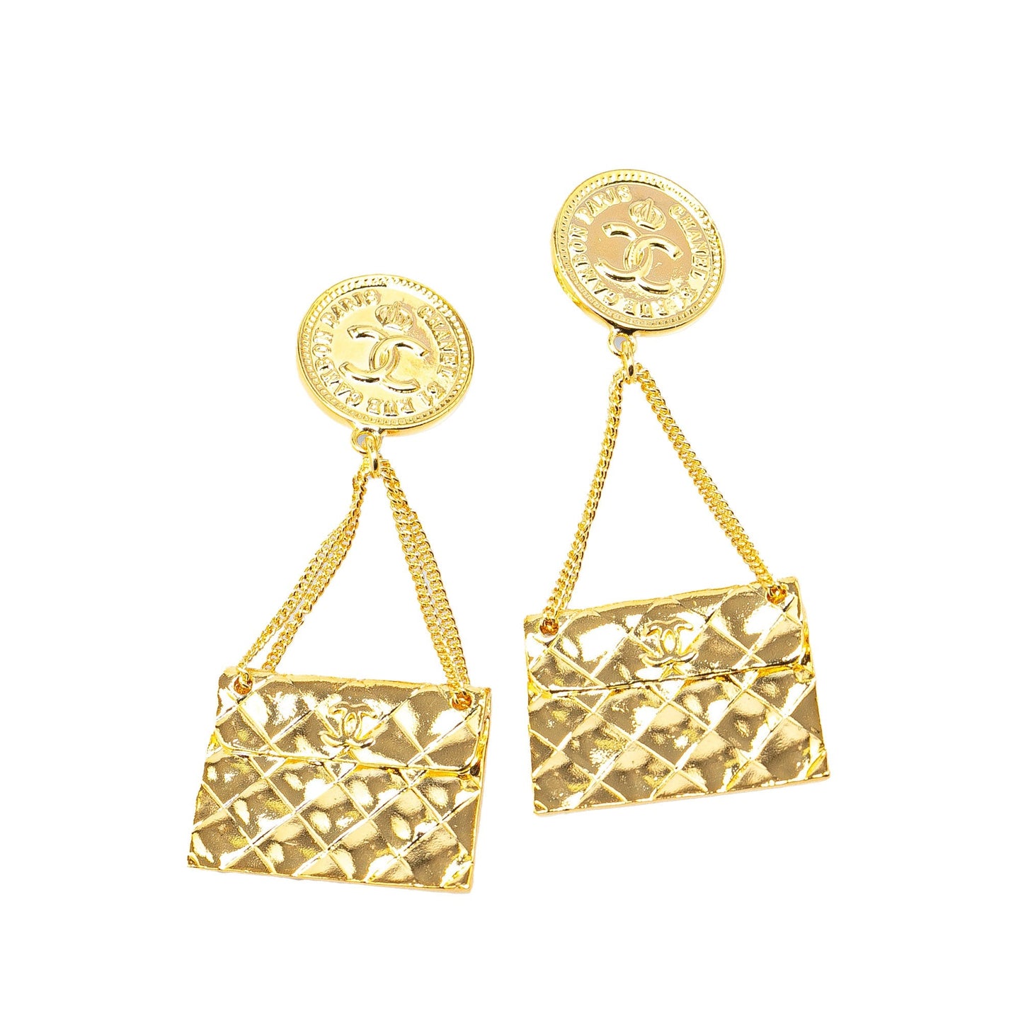 Gold Chanel Gold Plated CC 2.55 Flap Bag Clip On Earrings