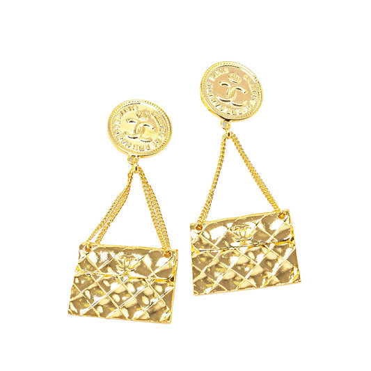 Gold Chanel Gold Plated CC 2.55 Flap Bag Clip On Earrings