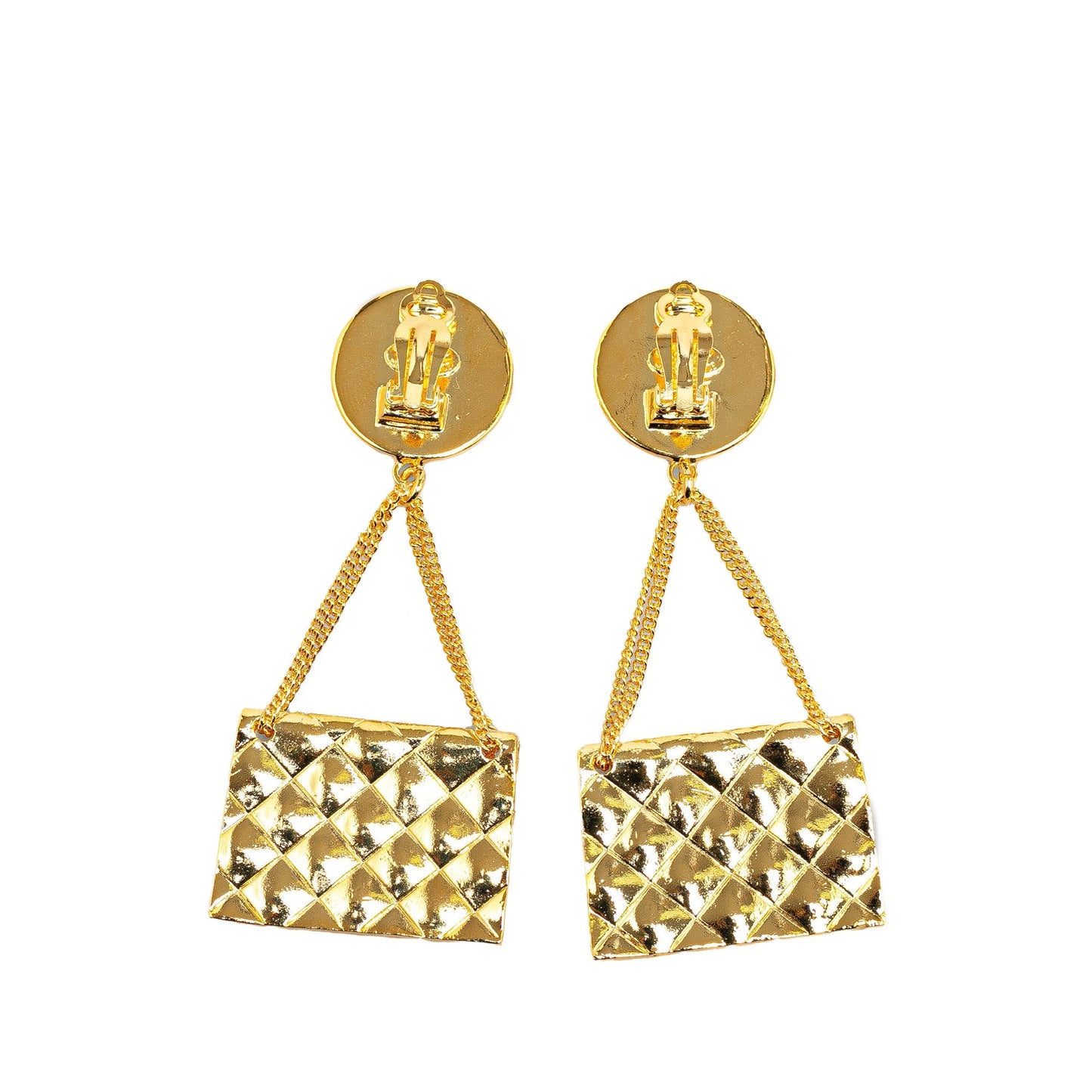 Gold Chanel Gold Plated CC 2.55 Flap Bag Clip On Earrings