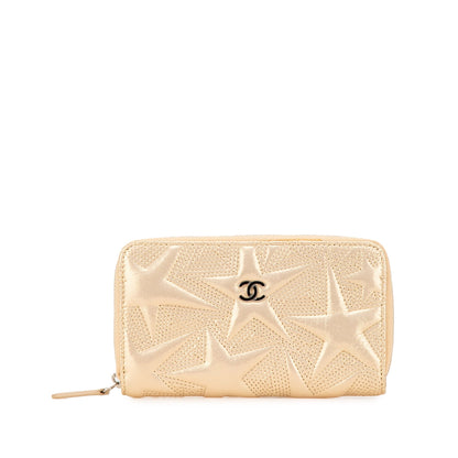 Gold Chanel Medium Metallic Lambskin Star Embossed Zip Around Wallet