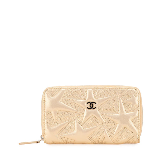 Gold Chanel Medium Metallic Lambskin Star Embossed Zip Around Wallet