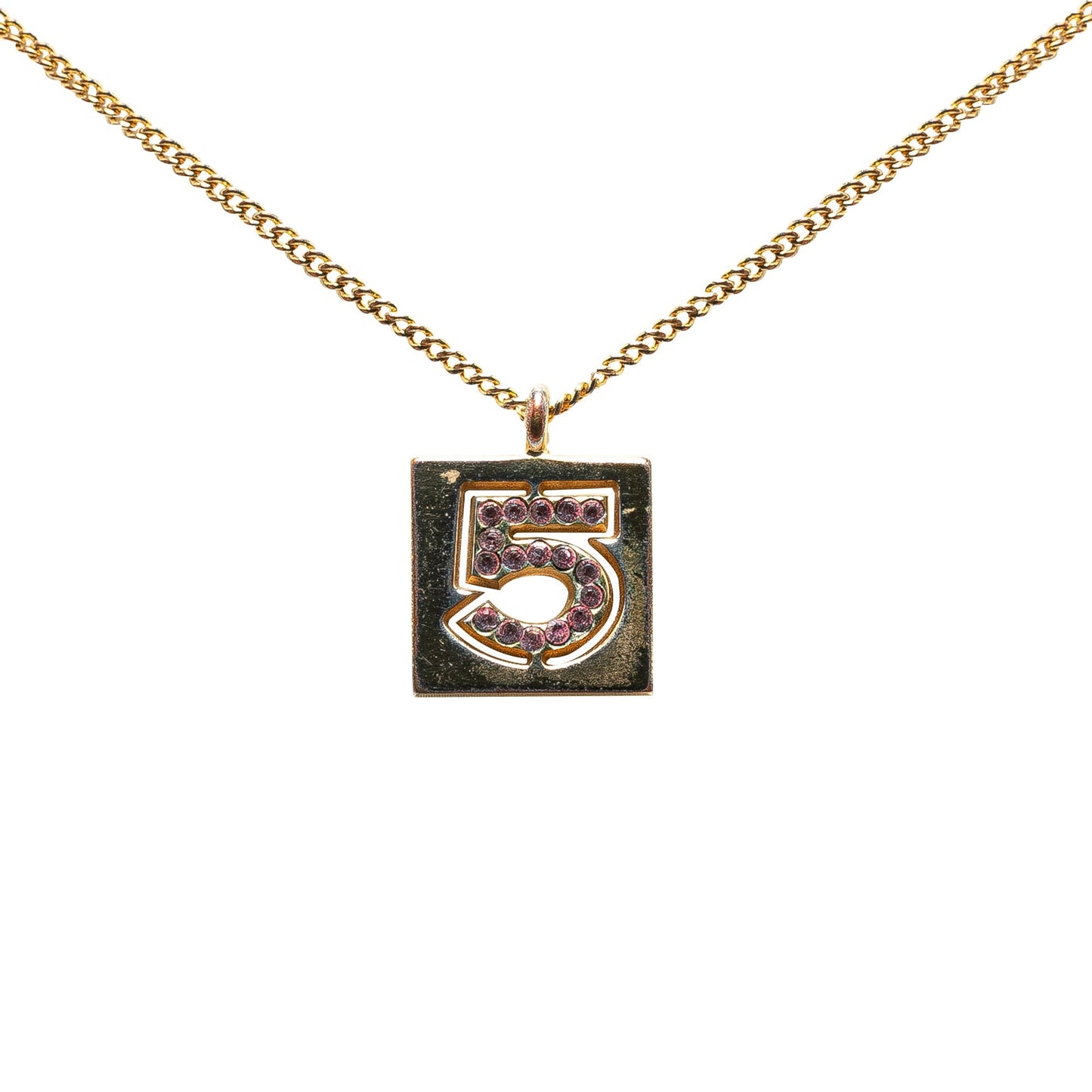 Gold Chanel Gold Plated Rhinestone No.5 Square Necklace
