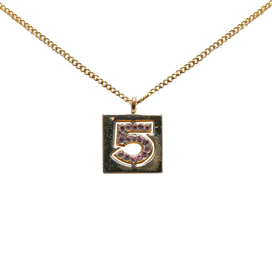 Gold Chanel Gold Plated Rhinestone No.5 Square Necklace