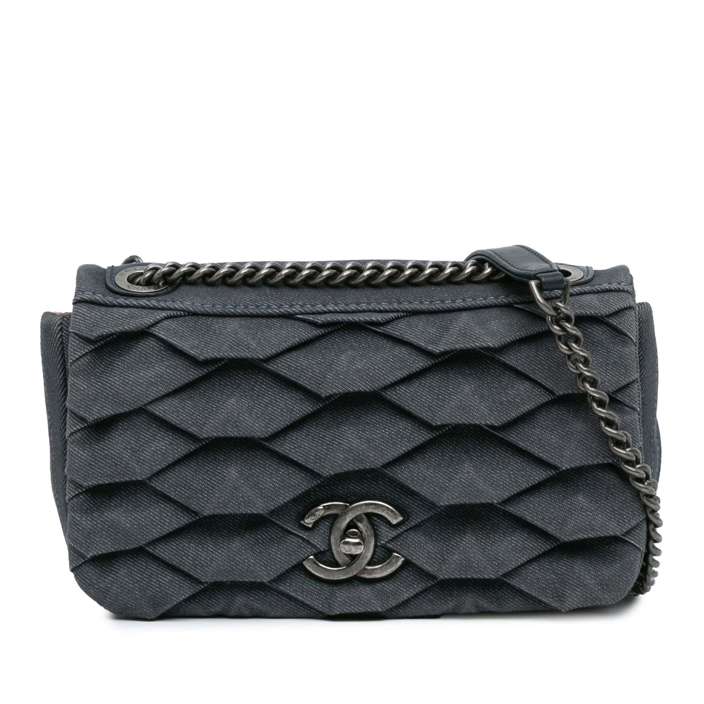 Blue Chanel Small Pleated Denim Scale Effect Turtle Flap Crossbody Bag