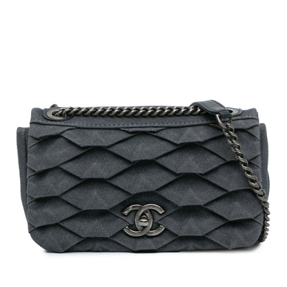 Blue Chanel Small Pleated Denim Scale Effect Turtle Flap Crossbody Bag