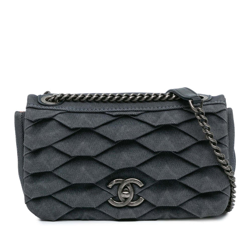 Blue Chanel Small Pleated Denim Scale Effect Turtle Flap Crossbody Bag