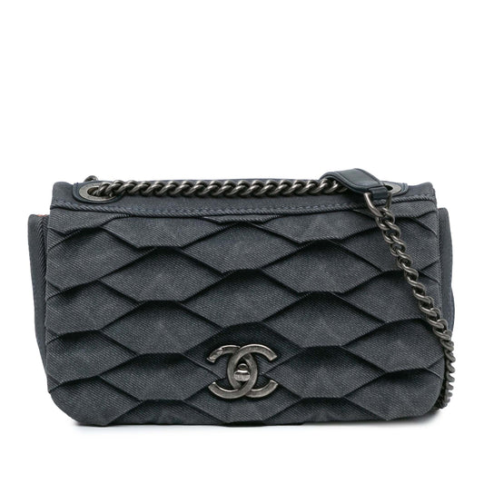 Blue Chanel Small Pleated Denim Scale Effect Turtle Flap Crossbody Bag