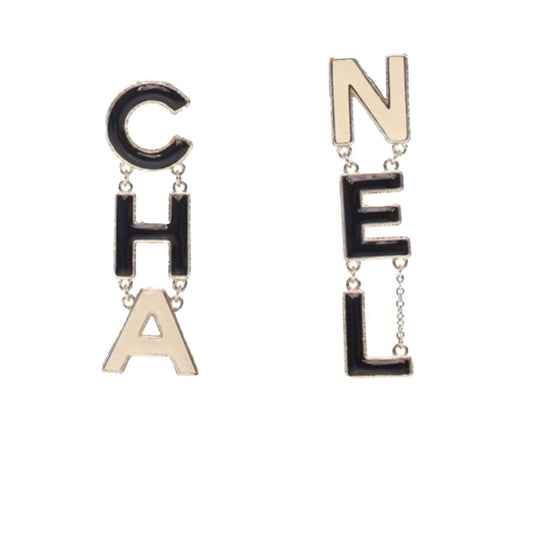 Black Chanel Brass Enamel Cha-Nel Logo Drop Push Back Earrings