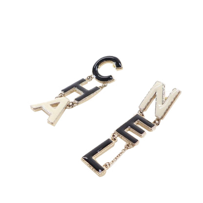 Black Chanel Brass Enamel Cha-Nel Logo Drop Push Back Earrings