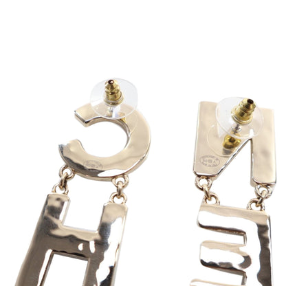 Black Chanel Brass Enamel Cha-Nel Logo Drop Push Back Earrings