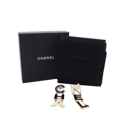 Black Chanel Brass Enamel Cha-Nel Logo Drop Push Back Earrings