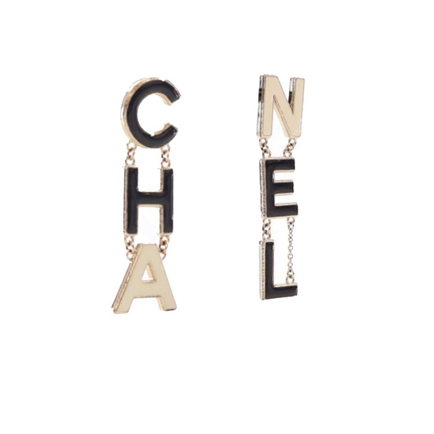 Black Chanel Brass Enamel Cha-Nel Logo Drop Push Back Earrings