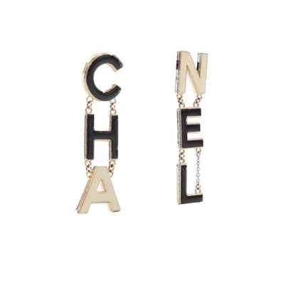 Black Chanel Brass Enamel Cha-Nel Logo Drop Push Back Earrings