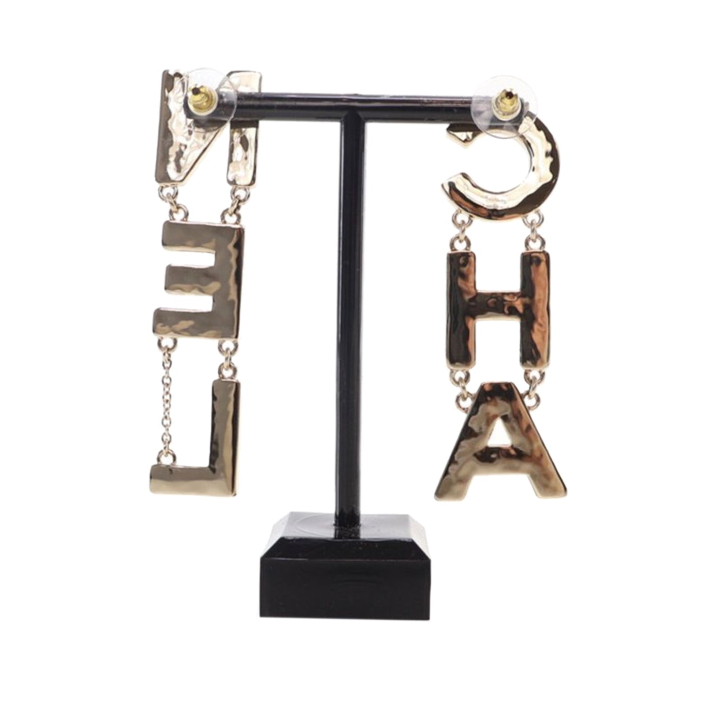 Black Chanel Brass Enamel Cha-Nel Logo Drop Push Back Earrings