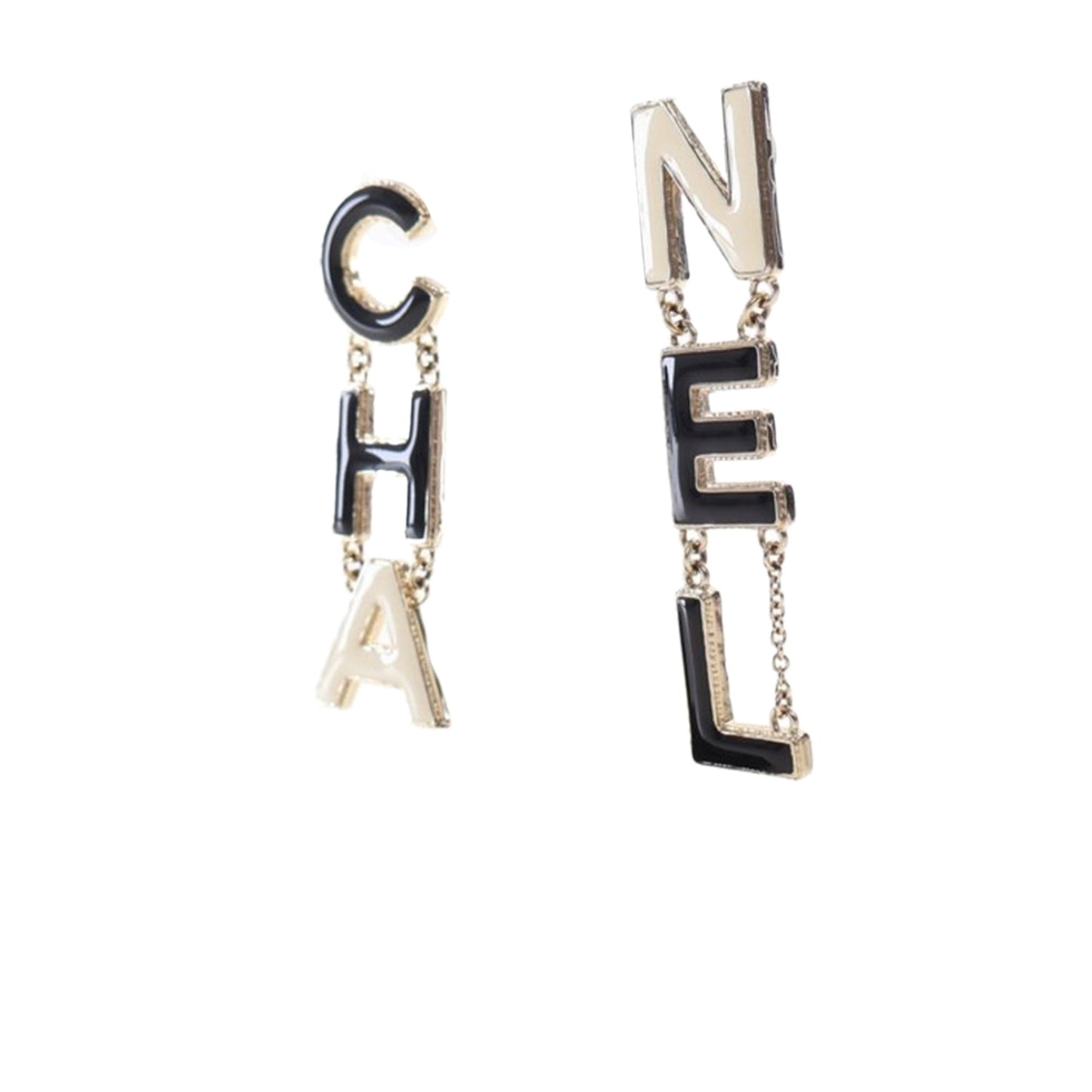 Black Chanel Brass Enamel Cha-Nel Logo Drop Push Back Earrings