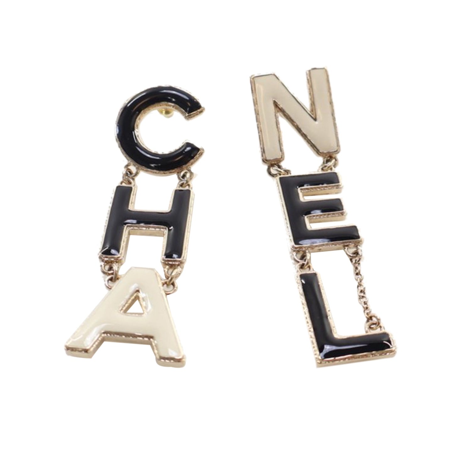 Black Chanel Brass Enamel Cha-Nel Logo Drop Push Back Earrings