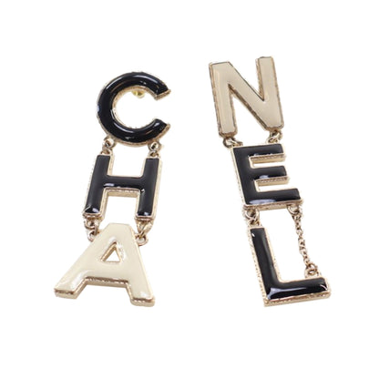 Black Chanel Brass Enamel Cha-Nel Logo Drop Push Back Earrings