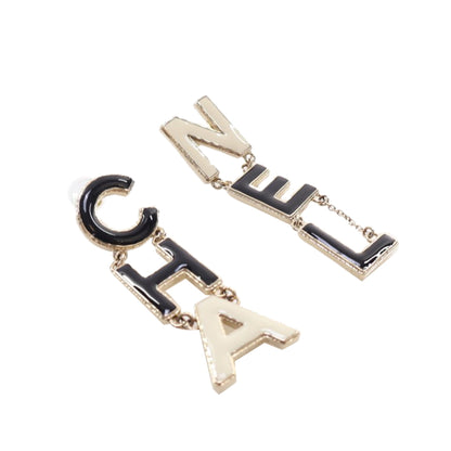Black Chanel Brass Enamel Cha-Nel Logo Drop Push Back Earrings