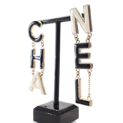 Black Chanel Brass Enamel Cha-Nel Logo Drop Push Back Earrings