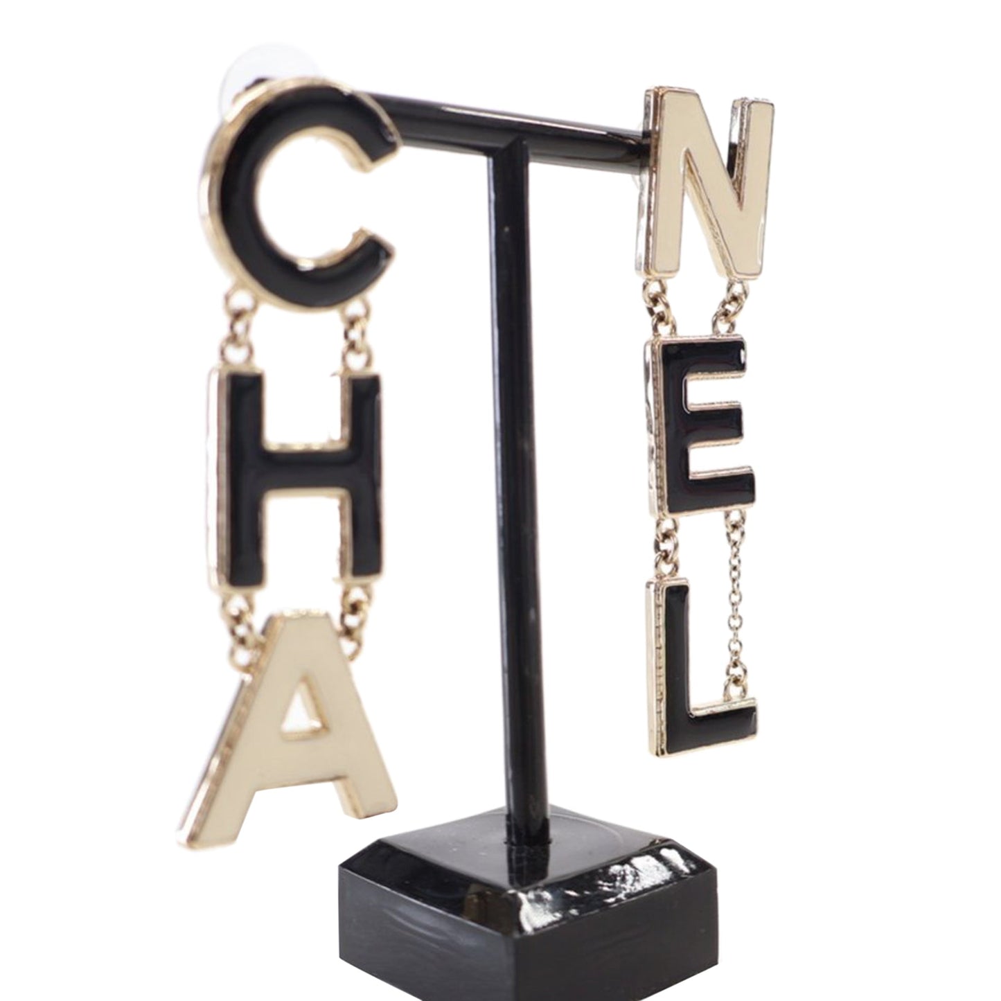 Black Chanel Brass Enamel Cha-Nel Logo Drop Push Back Earrings