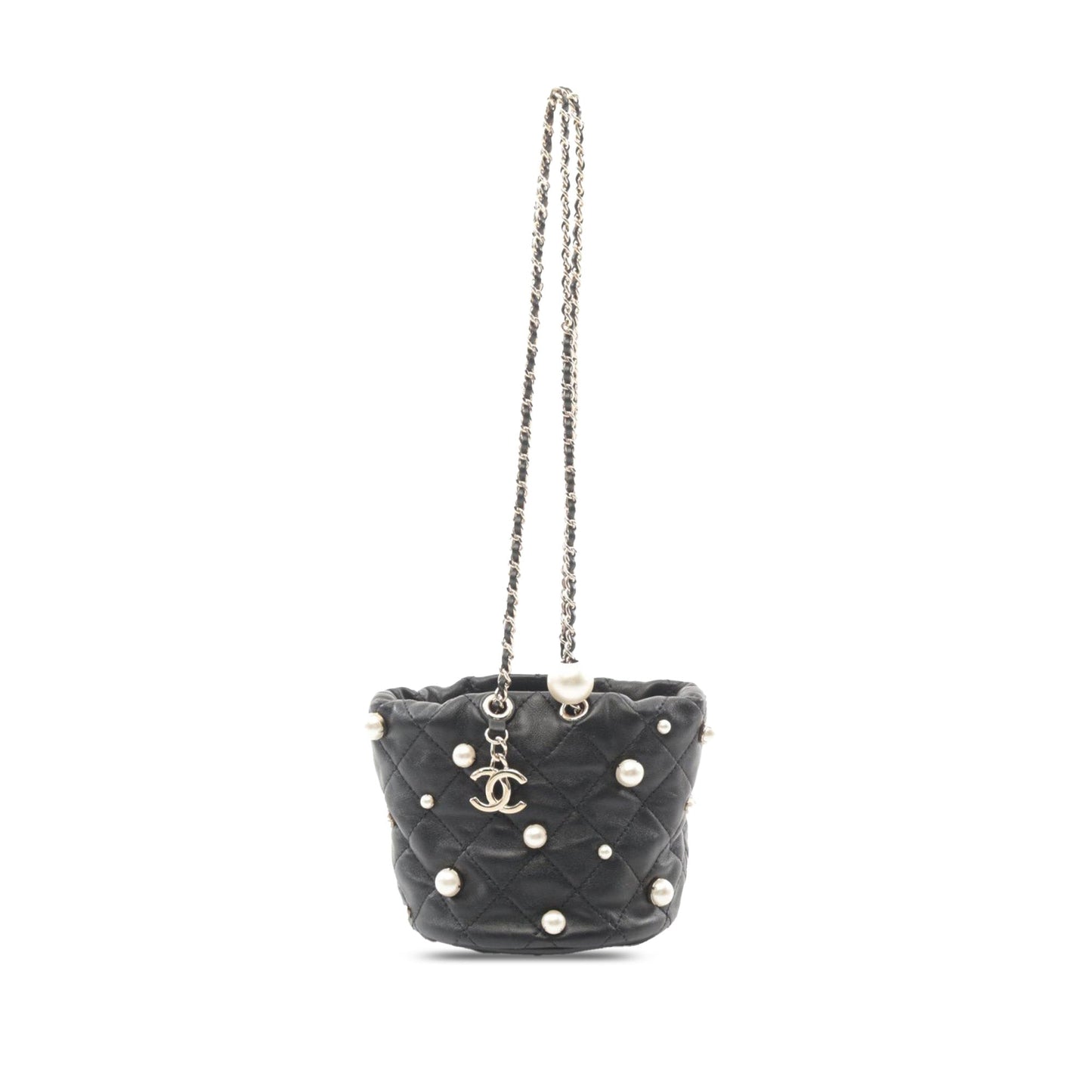 Black Chanel Mini Quilted Lambskin About Pearls Drawstring Bucket Bag