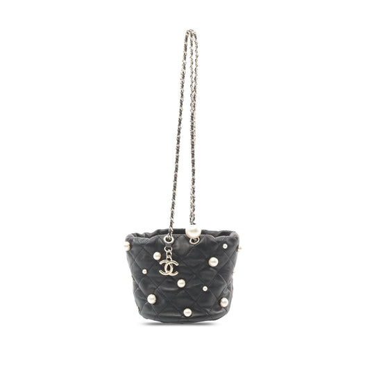 Black Chanel Mini Quilted Lambskin About Pearls Drawstring Bucket Bag