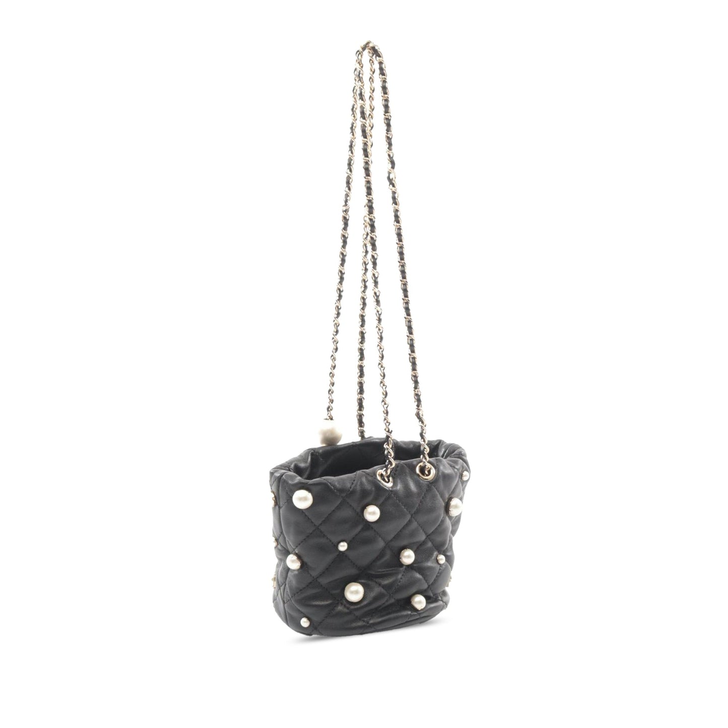 Black Chanel Mini Quilted Lambskin About Pearls Drawstring Bucket Bag