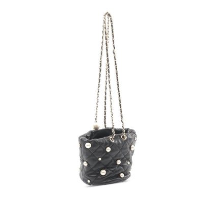 Black Chanel Mini Quilted Lambskin About Pearls Drawstring Bucket Bag