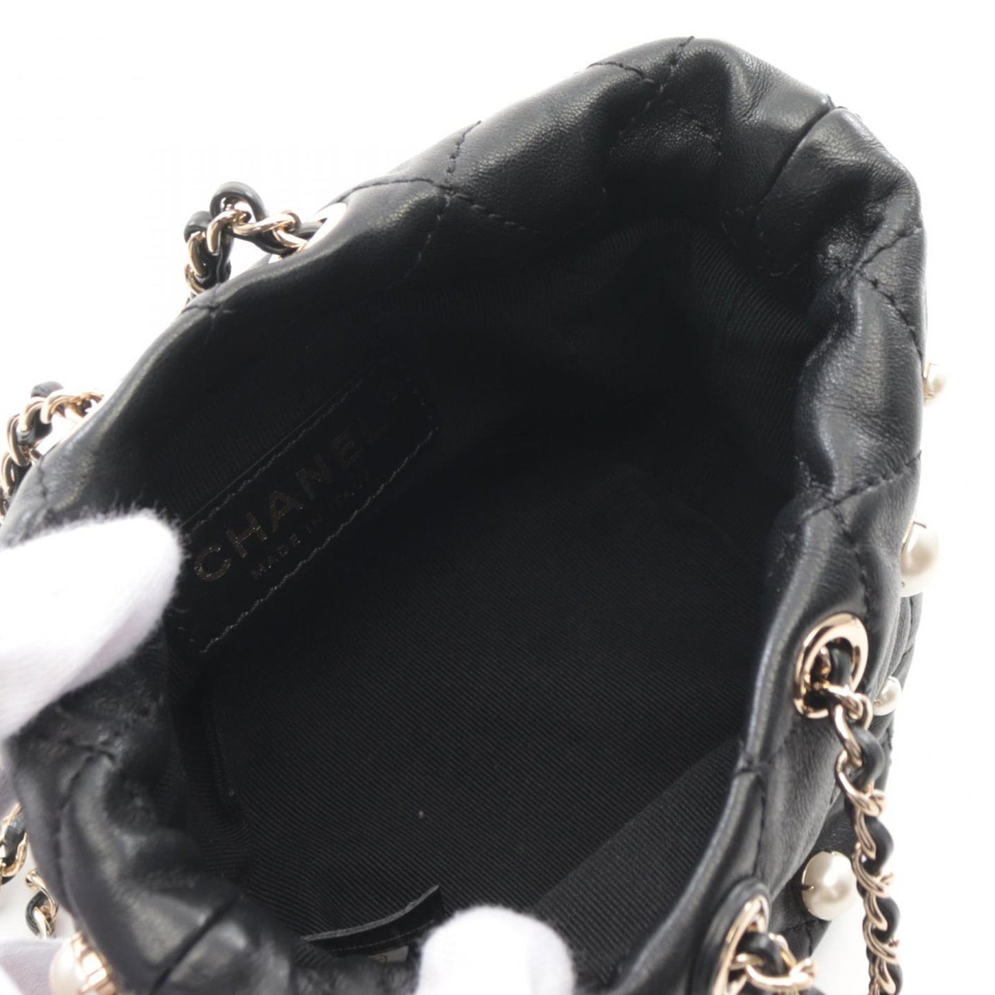 Black Chanel Mini Quilted Lambskin About Pearls Drawstring Bucket Bag