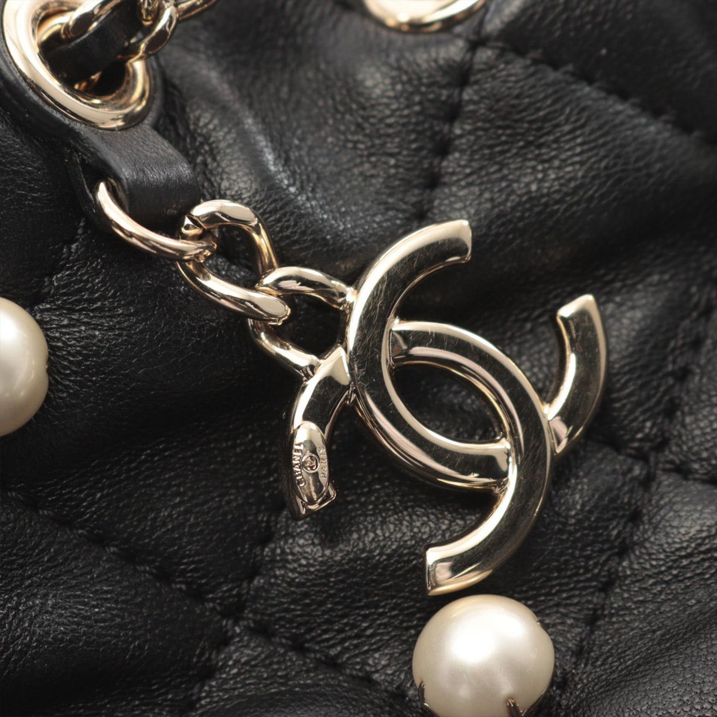 Black Chanel Mini Quilted Lambskin About Pearls Drawstring Bucket Bag