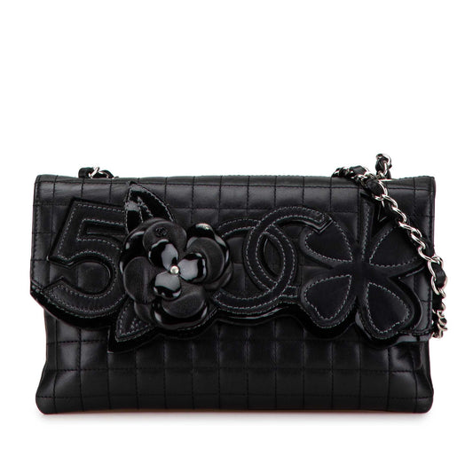 Black Chanel Choco Bar Calfskin Camellia No. 5 CC Shoulder Bag