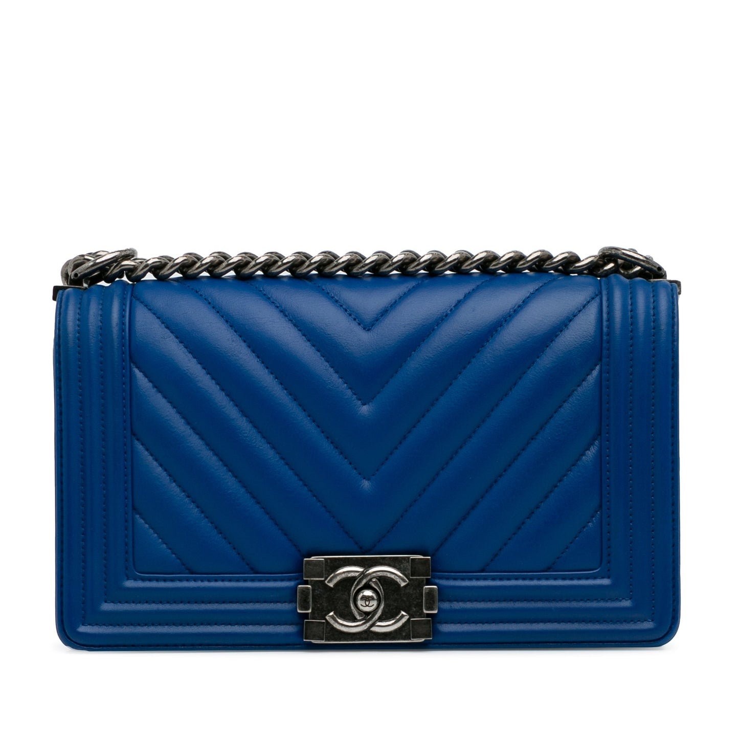 Blue Chanel Medium Lambskin Chevron Boy Flap Crossbody Bag