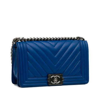 Blue Chanel Medium Lambskin Chevron Boy Flap Crossbody Bag