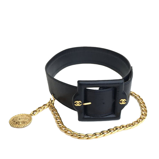 Black Chanel CC Lambskin Leather Chain Belt